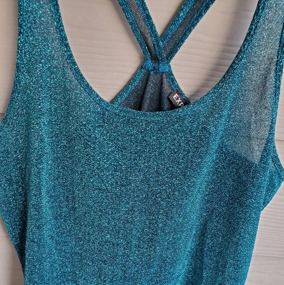 EXPRESS Glitzy Shimmery Metallic Turquoise Festive Semi-sheer Racerback Tank Top - Picture 10 of 16